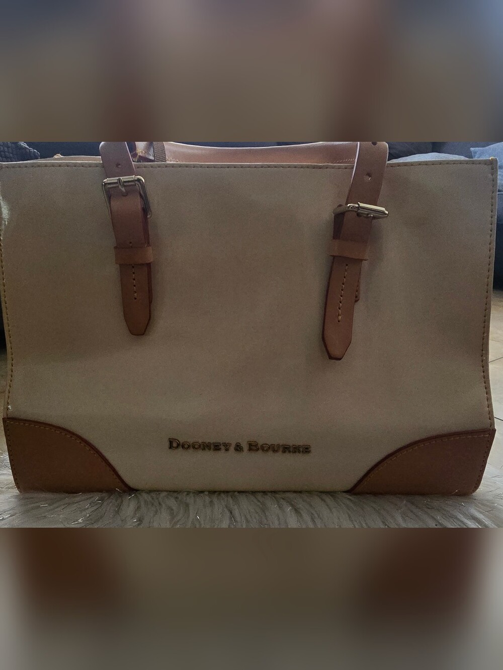 Dooney & Bourke Beige PATENT LEATHER Tote  Brown Leather Accents SEE CALL OUTS!